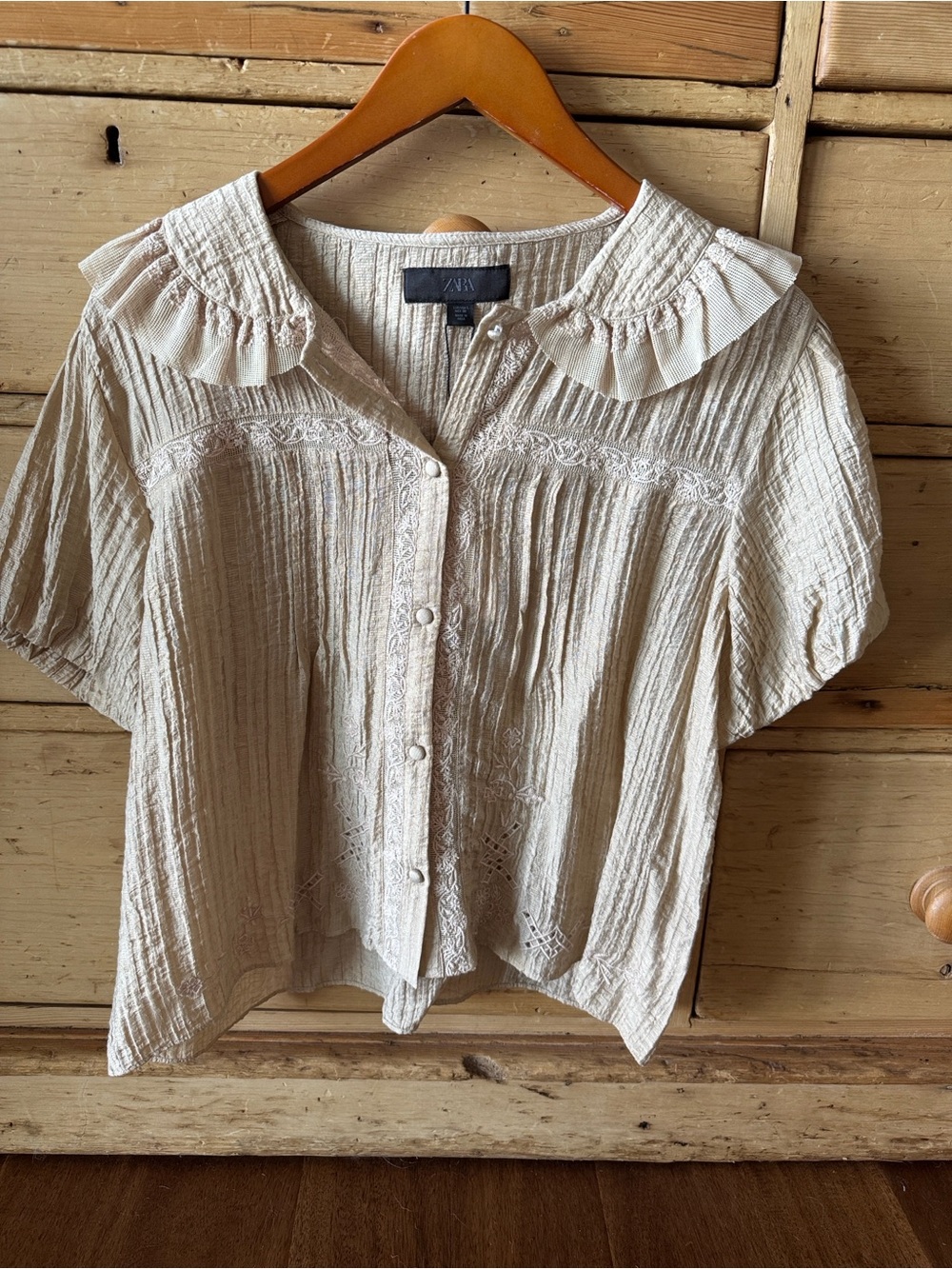ZARA Light Beige Ruffled Collar Button-Front Women's Top Lace Inset